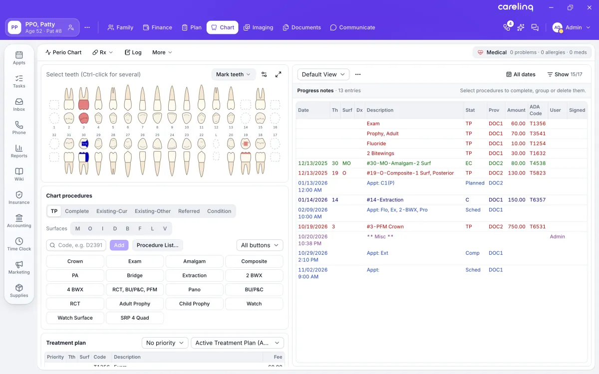 The Chart module: a tooth chart with planned and completed work, quick procedure buttons, the treatment plan and progress notes.