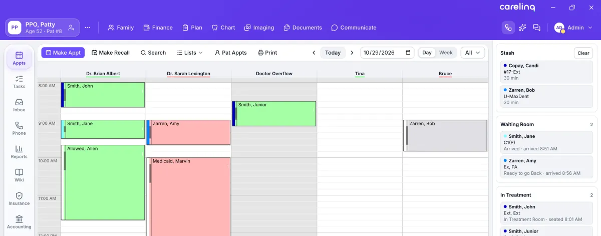 The appointment book with the patient flow pane open: two patients stashed, two in the waiting room with their arrival times, and two in treatment rooms with their seated times.